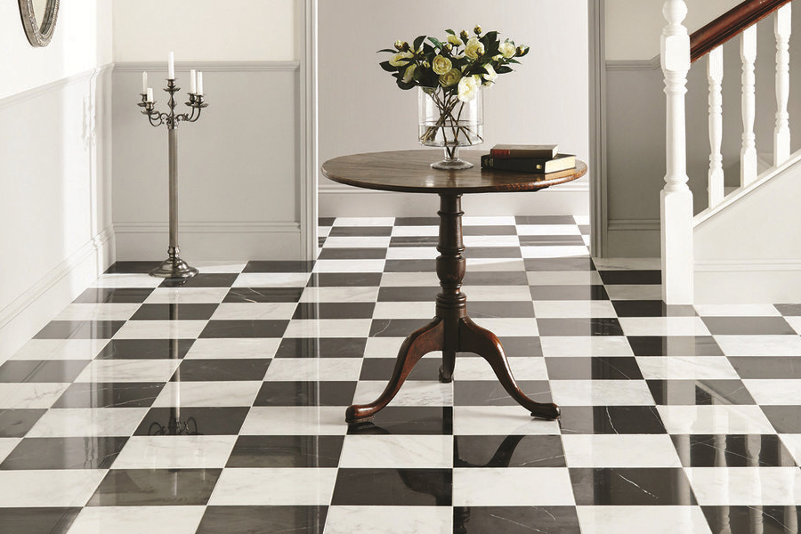 Black and white checker floor of ceramic tiles